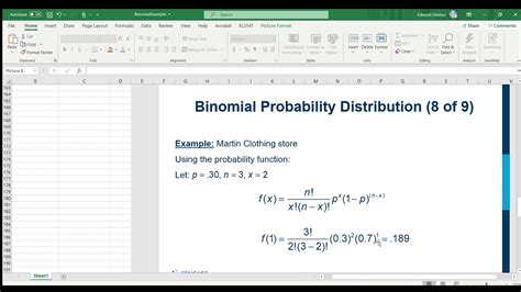 An Example Of A Binomial Distribution Probability In Excel Youtube