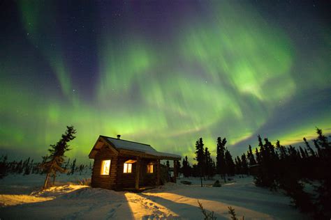 Picture Of A Cabin Under The Night And An Aurora In Fairbanks Alaska