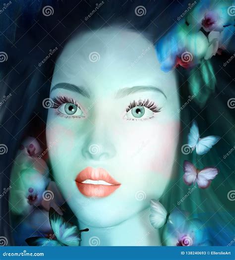 Enchanting Lady Portrait With Orchids And Butterflies Stock