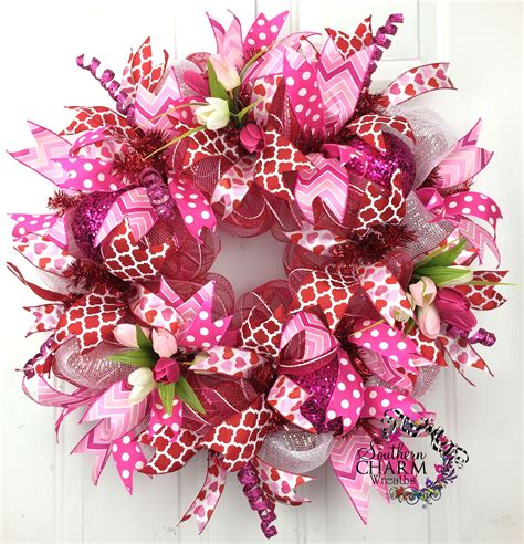 Deco Mesh Valentines Wreath In Hot Pink And Red With Tulips Door Wreath Valentines Day Decor