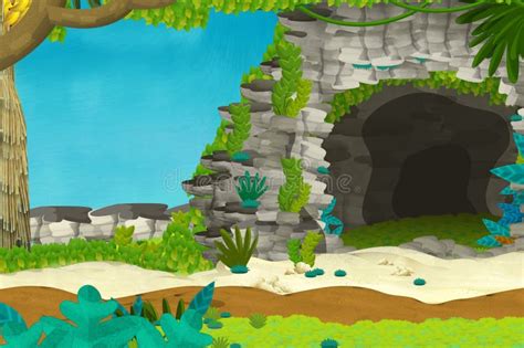 Cartoon Background With Cave In The Jungle Illustration For Children