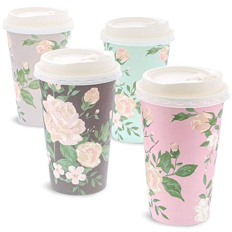 48 Pack Vintage Floral Paper Insulated Coffee Cups With Lids 4 Designs