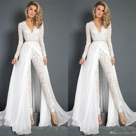 White Jumpsuits Prom Dresses Beaded Lace Deep V Neck Overskirts Formal