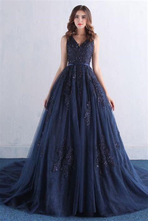 V Neck Dark Blue Lace Prom Dress Blue Prom Dress Blue Evening Dress
