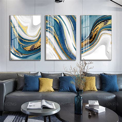 Set Of 3 Wall Art Gold Painting Light Blue Wall Art Abstract Etsy