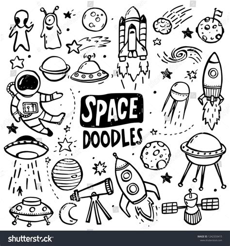 Collection Of Hand Drawn Doodles Ufos Aliens Planets And