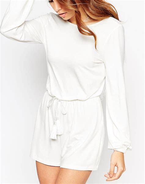 Asos Asos Playsuit With Tassle Tie And Fringe Back At Asos