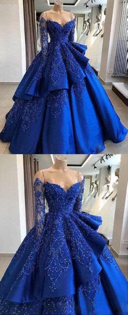Delicate Sparkly Beading Ball Gown Satin Royal Blue Prom Dress With Sl