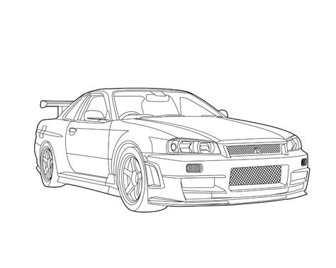 NISSAN R34 GTR, Vector line drawing illustration, Digital Vector