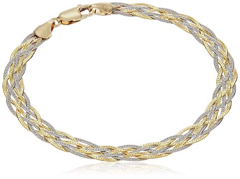 K Gold Two Tone Yellow And White Textured Braided Herringbone Chain Link Bracelet Chain