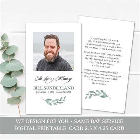 Memorial Keepsake Card Printable Template Customized For You To Print