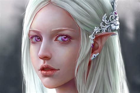 Hd Wallpaper Fantasy Elf Face Girl Pointed Ears Purple Eyes