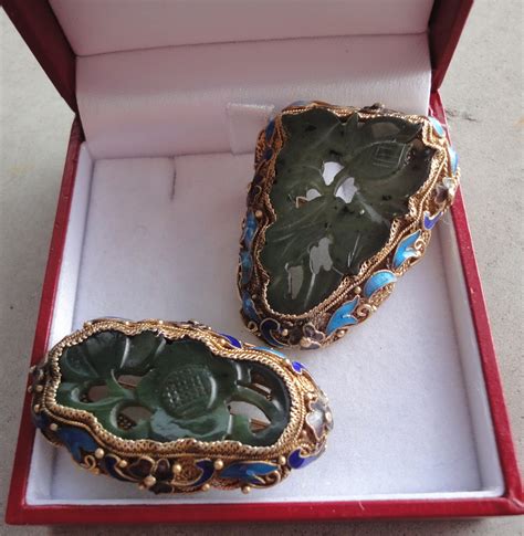 Two Chinese Enameled Carved Jade Brooches In Silver Filigree Setting