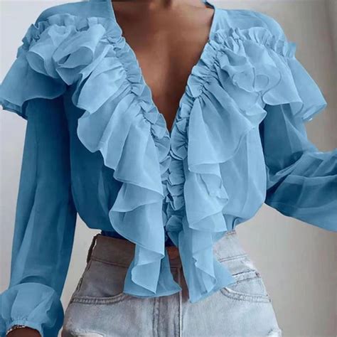 Spring Women White Ruffle Blouse Long Sleeve Top Chiffon Shirt Work Ca