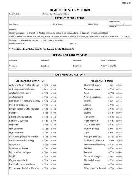 Health History Form Template