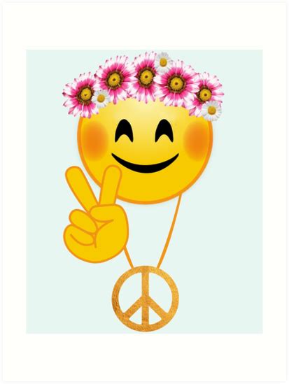 Emoji Peace Sign Hippie Flowers Daisy Wreath Art Print By