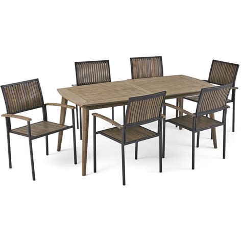 Noble House Aster 7 Piece Wooden Patio Dining Set In Gray And Black