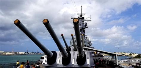 The 16 Inch Guns Of The Number One And Two Turrets On The Uss Missouri
