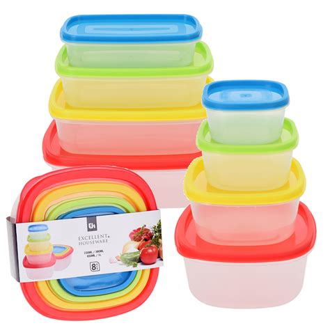 8 Pcs Stackable Nesting Food Storage Containers Coloured Lid Plastic