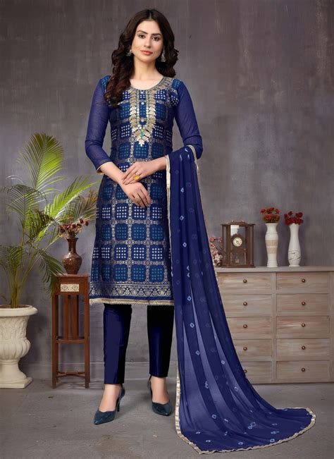 Churidar Salwar Kameez Fancy Banarasi Silk In Blue Buy Online