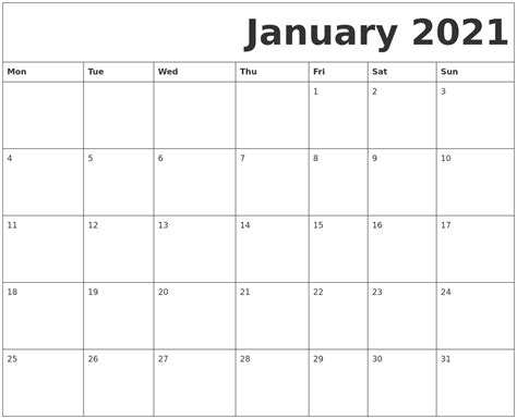 Printable yearly calendar for 2021. January 2021 Free Printable Calendar