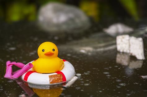 Rubber Duck Trying To Stay Afloat Among Man Made Trash In The Water