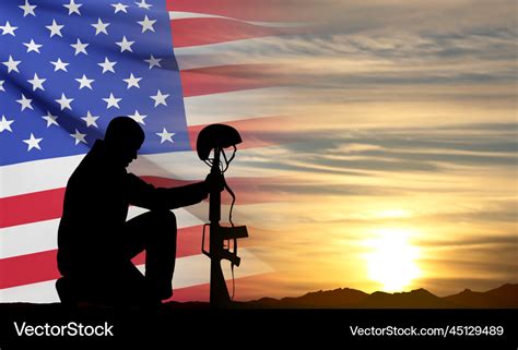 Silhouette Of Soldier Kneeling Down And Usa Flag Vector Image