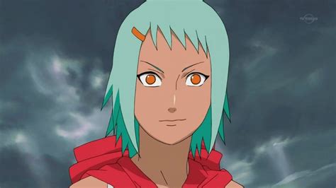 An Anime Character With Blue Hair And Orange Eyes Looks At The Camera In Front Of A Cloudy Sky