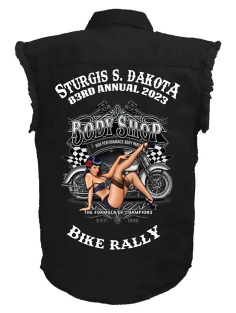 Mens Sturgis Bike Rally 2023 Body Shop Pinup Babe Black Denim Biker Shirt 3997 Picclick