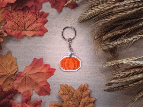 Handmade Cross Stitch Pumpkin Keychain Split Ring Autumn Etsy