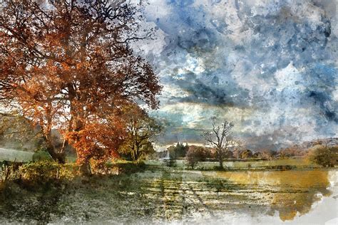 Digital Watercolor Painting Of Stunning Vibrant Autumn Fall Land Photograph By Matthew Gibson