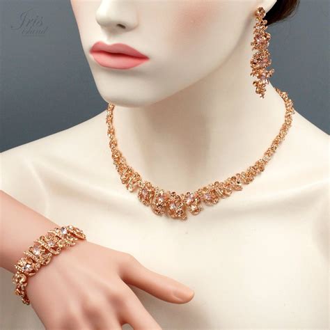 Rose Gold Plated Crystal Necklace Earrings Bracelet Wedding Jewelry Set