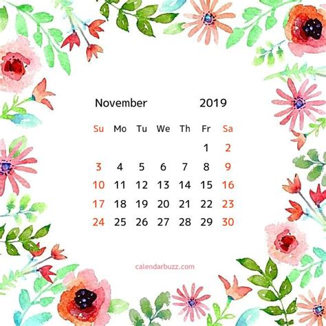 November 2019 Floral Calendar Floral Printables Flower Calendar