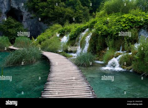 Wooden Footbridge At Waterfall Plitvice Lakes National Park Croatia