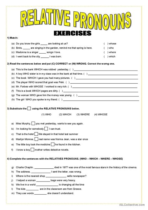 RELATIVE PRONOUNS EXERCISES English ESL Worksheets Pdf Doc