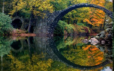 Nature Landscape Fall Colorful Bridge Forest Reflection River Germany