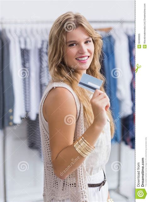 A Pretty Blonde Woman Showing Her Credit Cards Stock Image Image Of