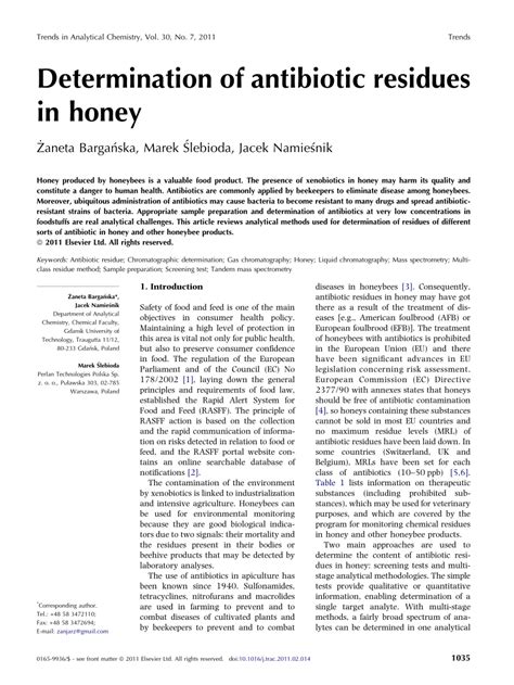 Pdf Determination Of Antibiotic Residues In Honey