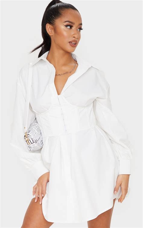 Petite White Corset Detail Long Sleeve Shirt Dress Prettylittlething Ca