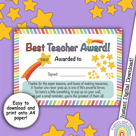 Best Teacher Award Teacher Thank You Card Thanks Teacher Etsy Singapore