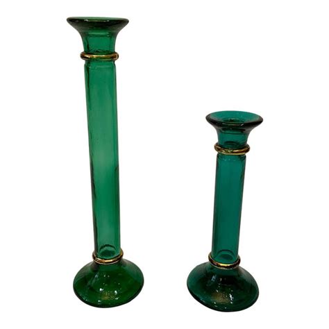 vintage green glass candle holders a pair chairish