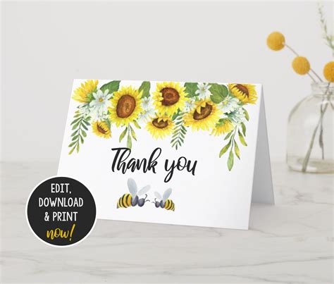 Thank You Card With Bees And Sunflowers Instant Download Printable