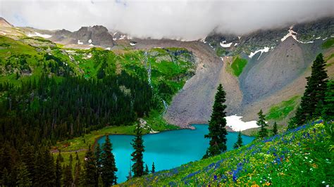 Spring Mountain Landscape The Turquoise Lake Mountain Forest Flowers
