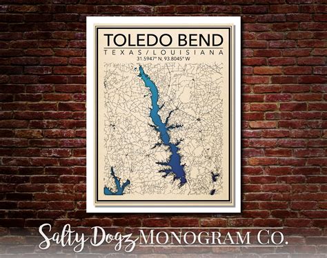 Wall Art Map Print Of Toledo Bend Reservoir Texaslouisiana Etsy