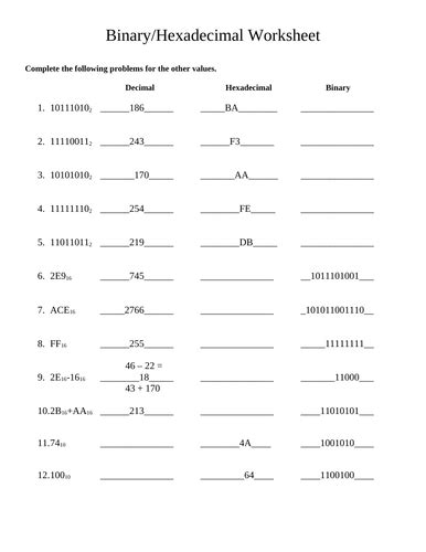 Binary And Hexadecimal Worksheet Teaching Resources
