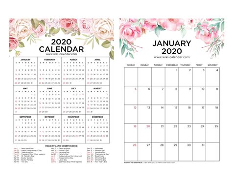 Free Printable 2020 Floral Calendar