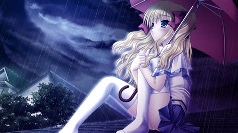 Wallpaper Blonde Anime Girls Rain Umbrella School