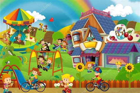 Cartoon Scene Of Playground And Kids In Front Of A Colorful Building