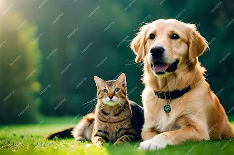 Perro Golden Retriever Junto A Un Hermoso Gato Amistad Entre Animales