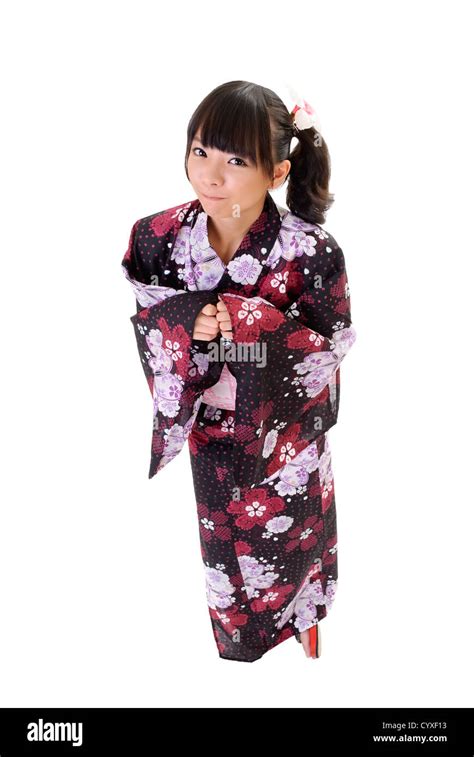 Adorable Japanese Girl With Yukata Full Length Portrait Isolated On